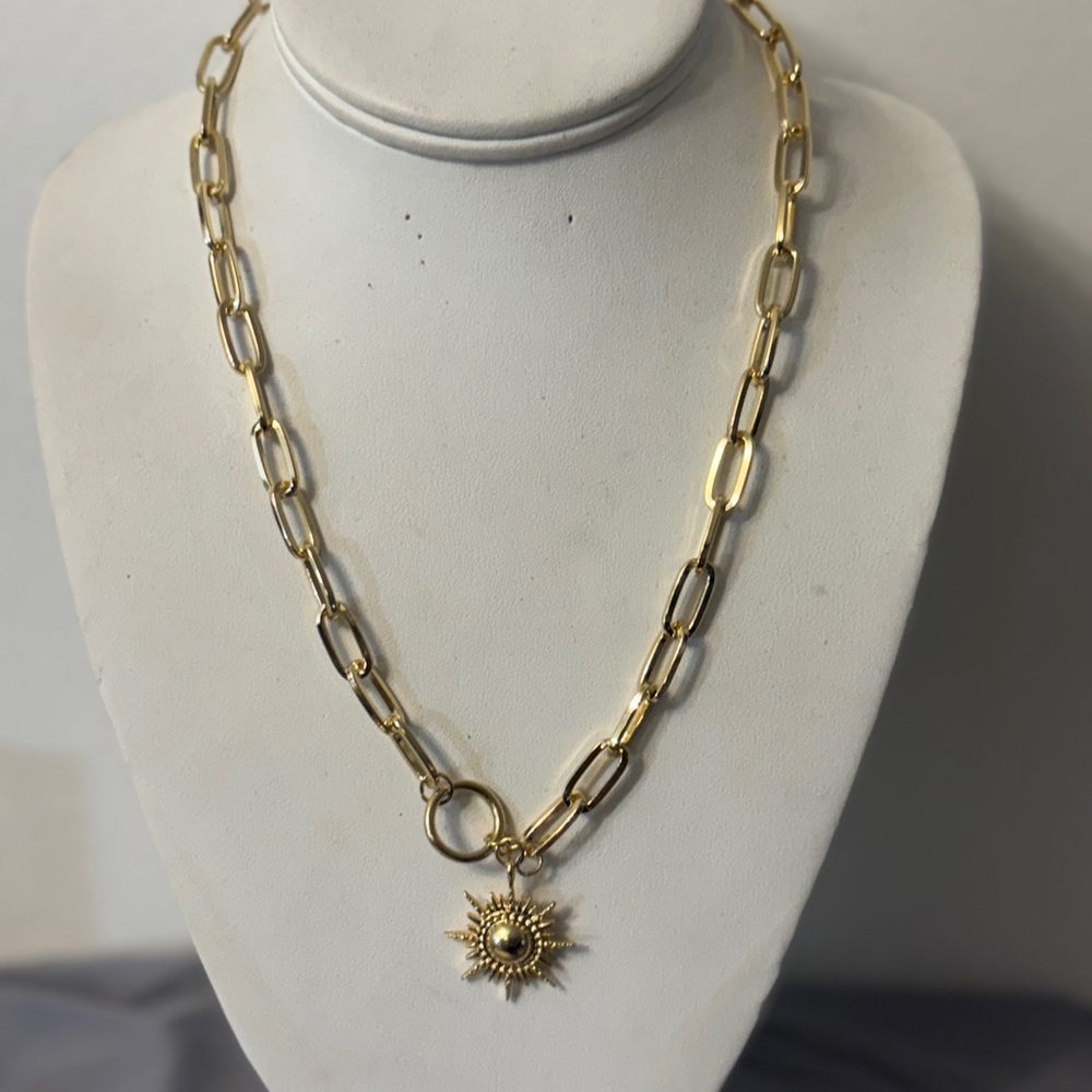 Gold Sunburst Charm Paperclip Chain Necklace - Women Jewelry - Picture 2 of 5